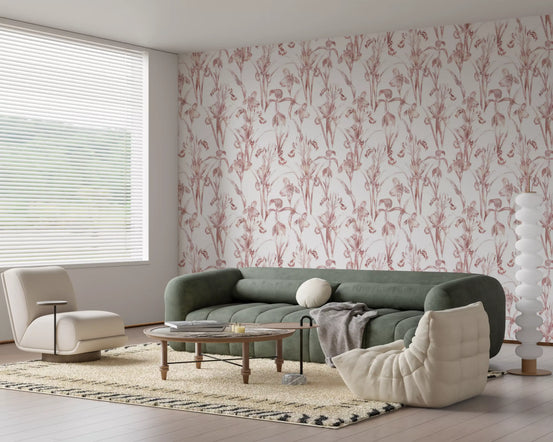 Blush iris wallpaper in a living room with a green sofa and cream lounge chair GD12285