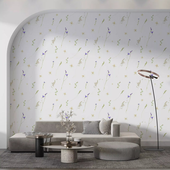 Pressed grasses wallpaper behind a grey sofa in an arched living room alcove GD12291