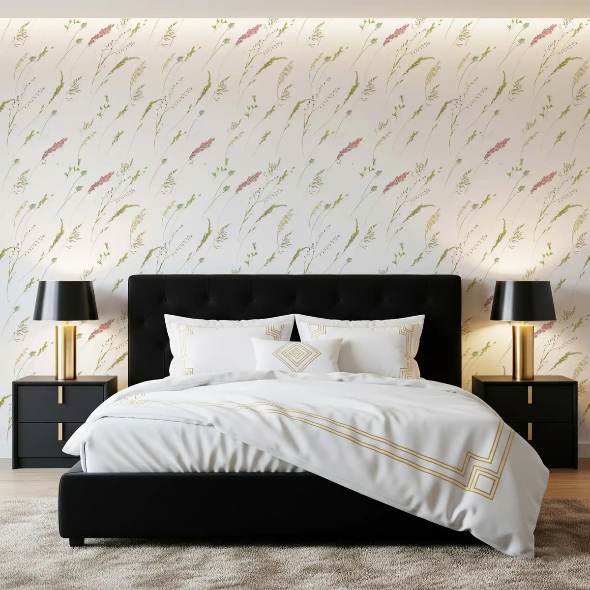 Meadow sprigs wallpaper behind a black upholstered bed framed by gold table lamps GD12292