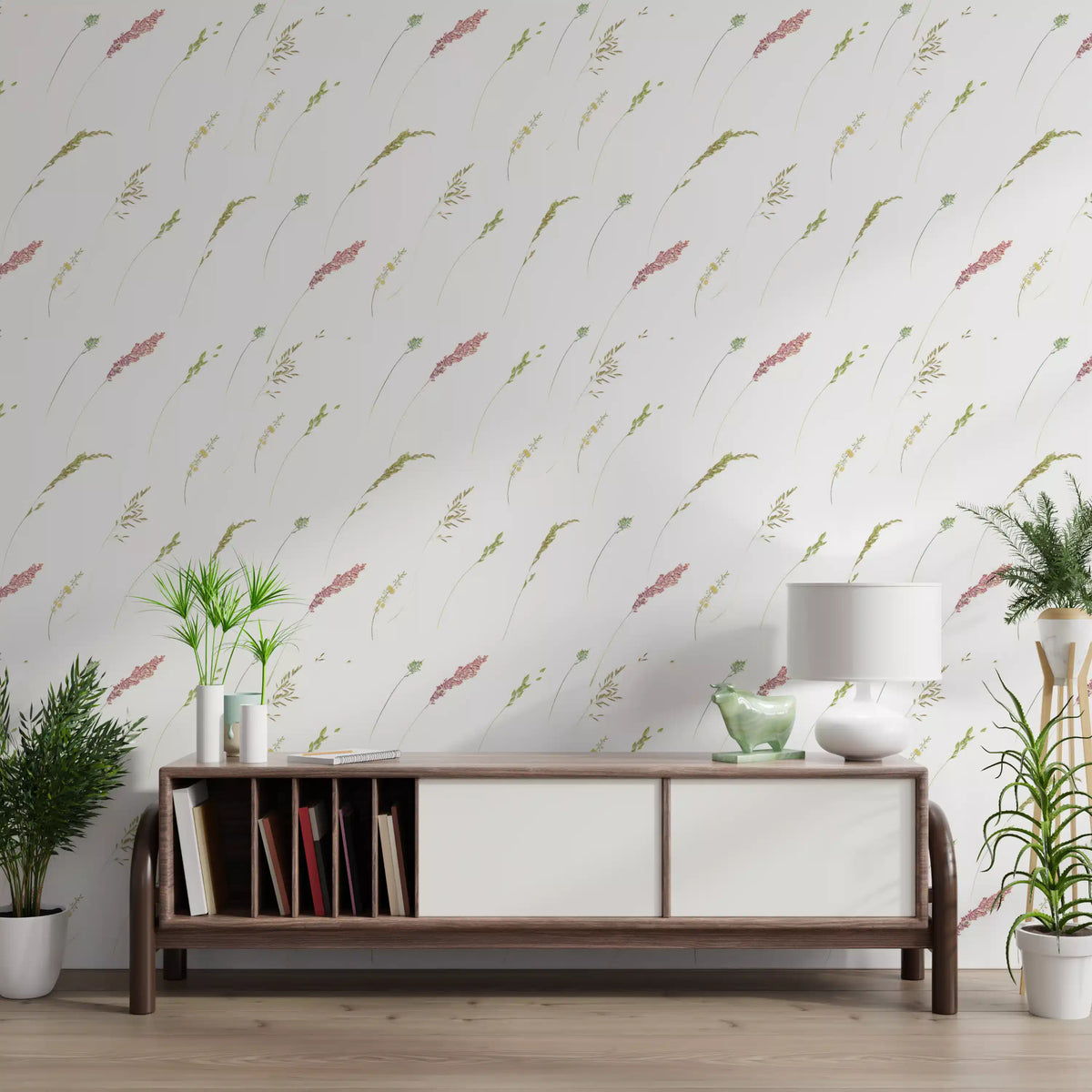 Botanical stems wallpaper behind a wood sideboard and cream sofa with potted plants GD12293