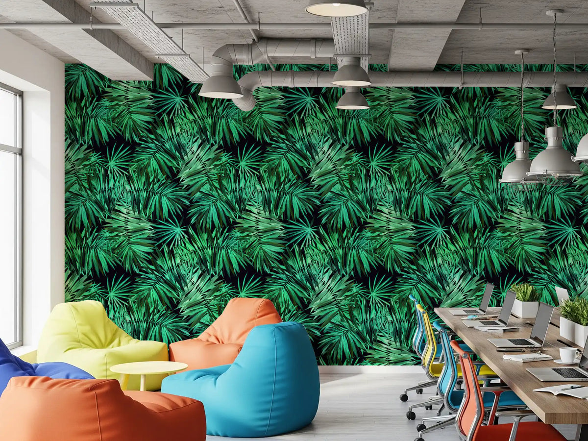 Palm canopy wallpaper in a creative office with colourful bean bag chairs and desks GD12296