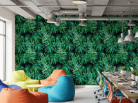 Palm canopy wallpaper in a creative office with colourful bean bag chairs and desks GD12296