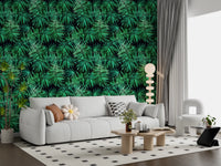 Green tropical palm canopy wallpaper behind a white sofa on a checkerboard tile rug GD12296