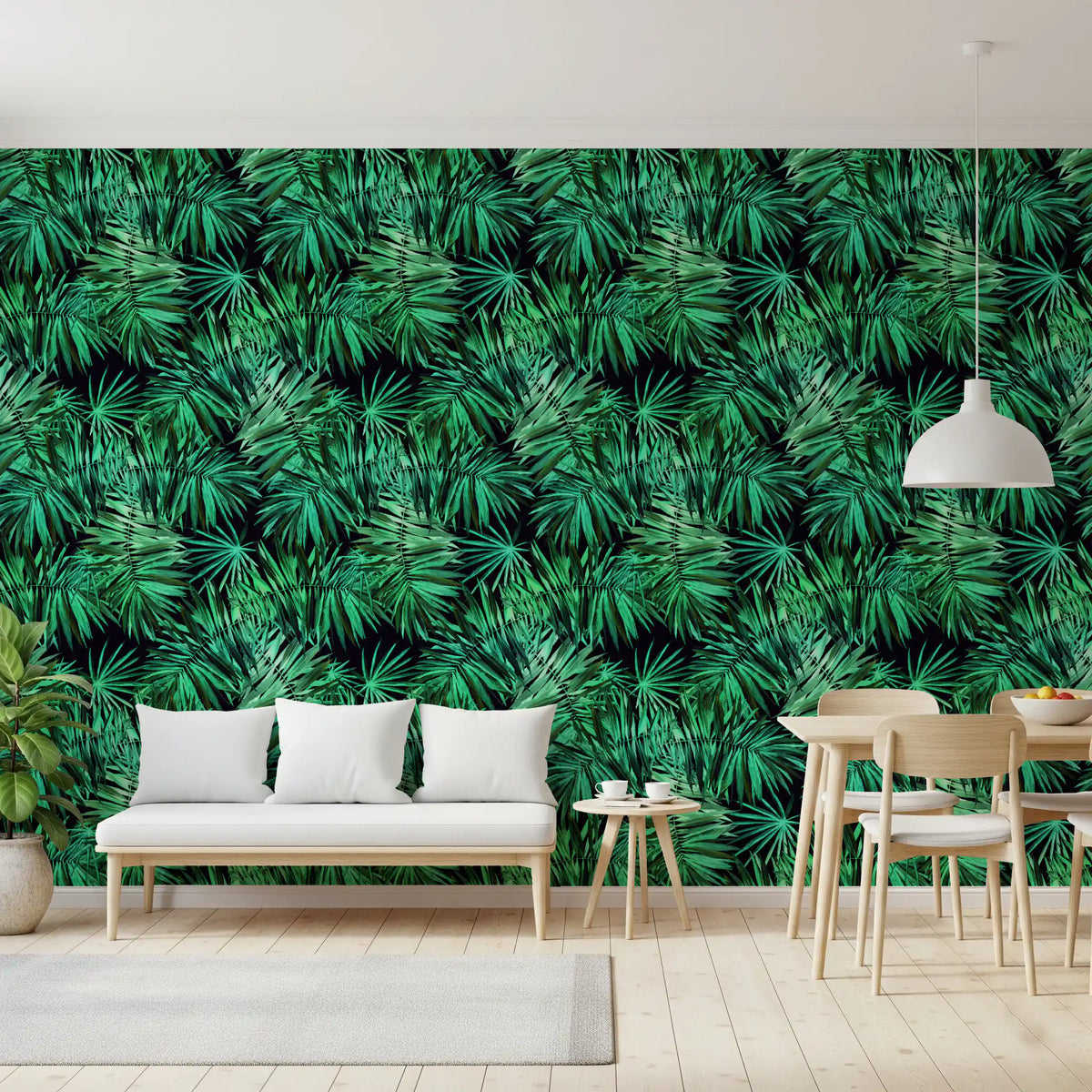 Tropical palm canopy wallpaper in a living room with a white bench and wooden dining set GD12296