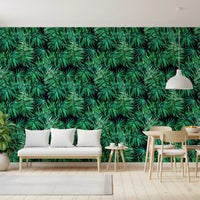 Tropical palm canopy wallpaper in a living room with a white bench and wooden dining set GD12296