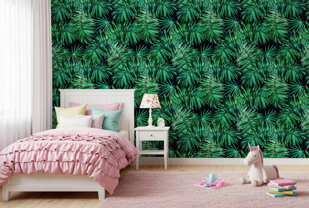 Palm canopy wallpaper framing a girls bedroom with pink bedding and a unicorn toy GD12296