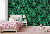 Palm canopy wallpaper framing a girls bedroom with pink bedding and a unicorn toy GD12296