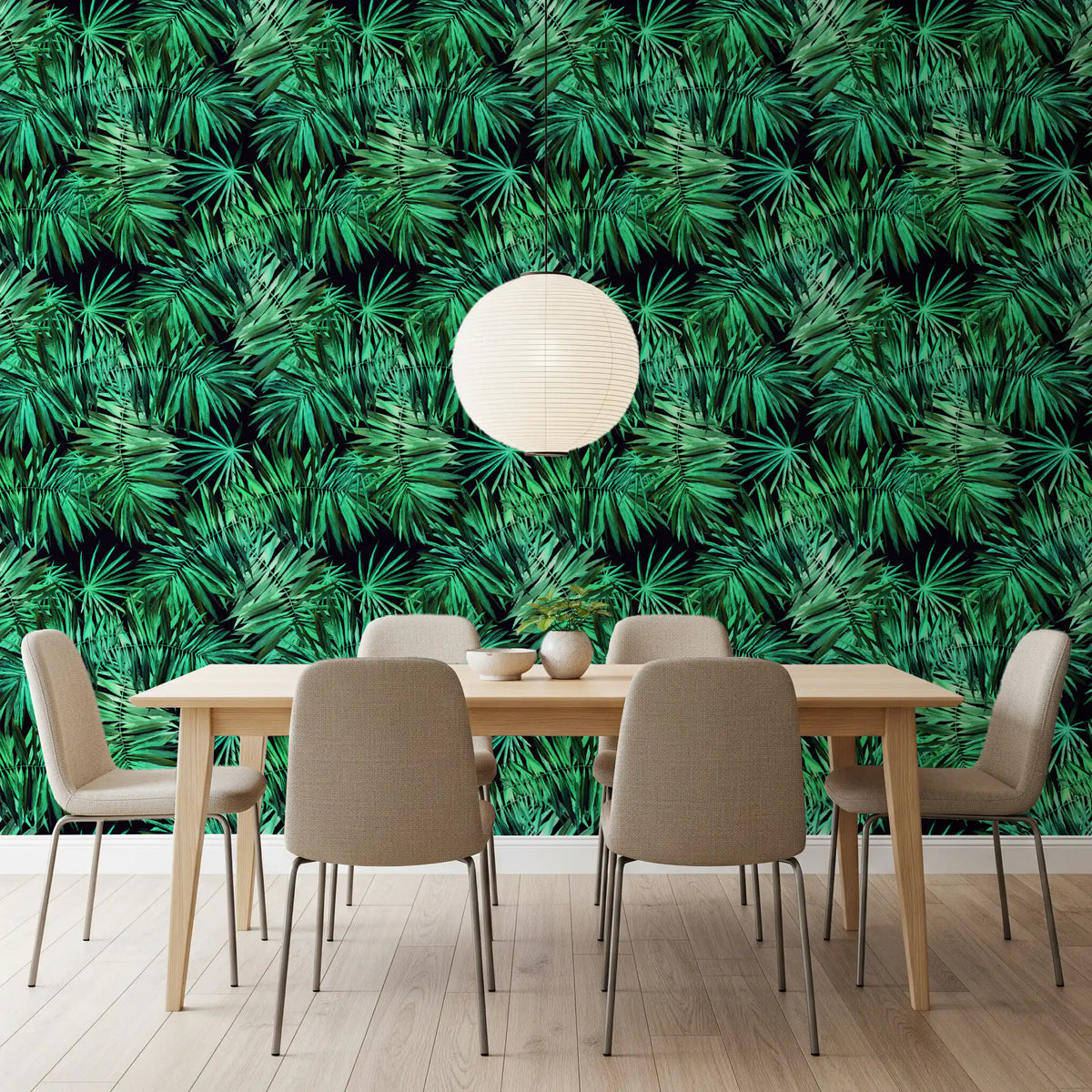 Palm canopy wallpaper behind a wooden dining table with beige chairs and a paper lantern GD12296
