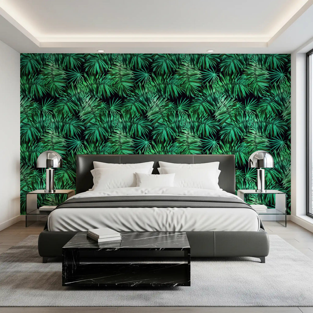 Dark green tropical palm wallpaper behind a black leather bed with white bedding GD12296