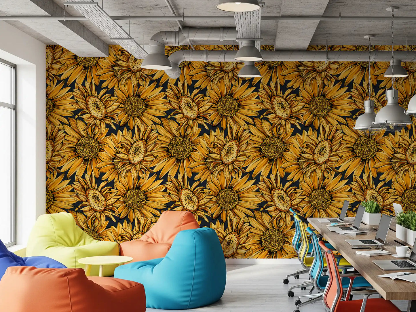 Golden Sunflower Botanical Illustration Wallpaper⁠