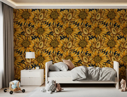 Golden sunflower wallpaper in a childs bedroom with white bed and wooden pull toy GD12298