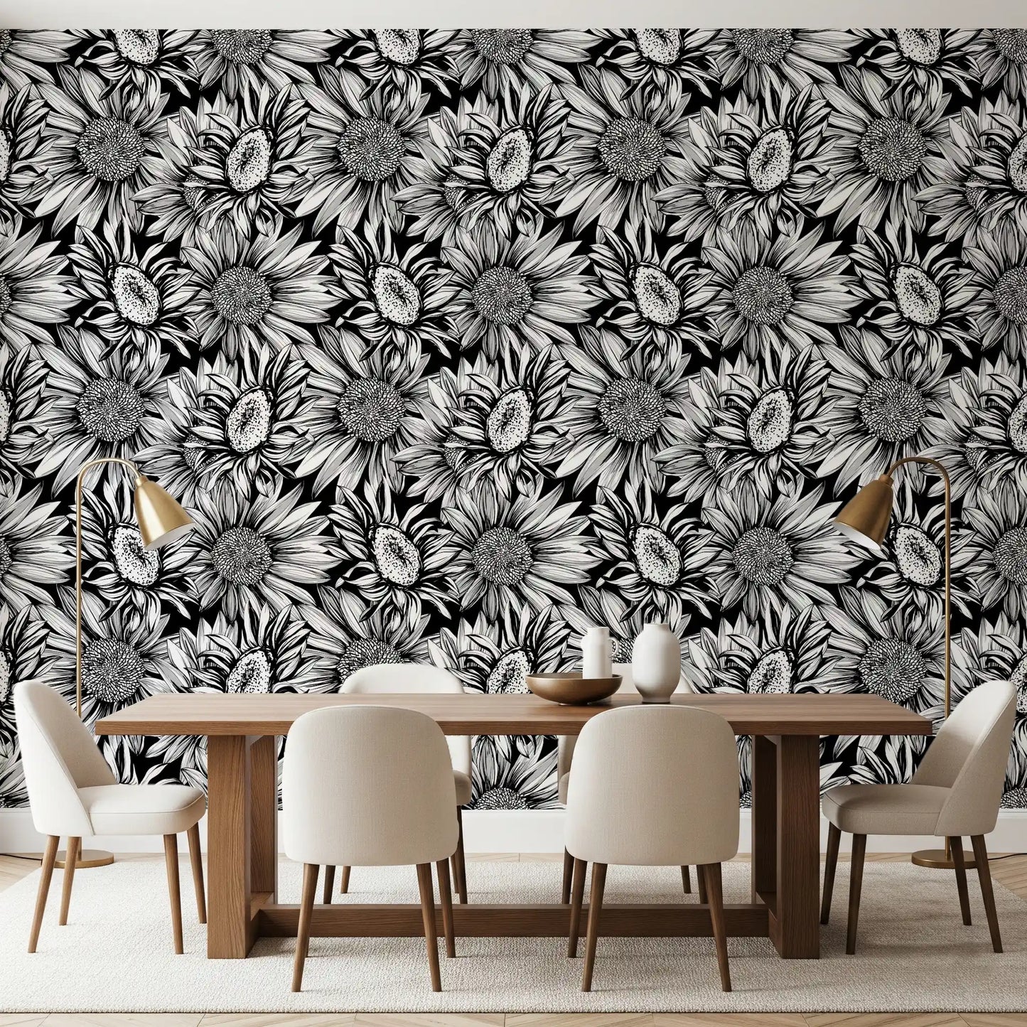 Monochrome Sunflower Sketch Bloom Wallpaper⁠