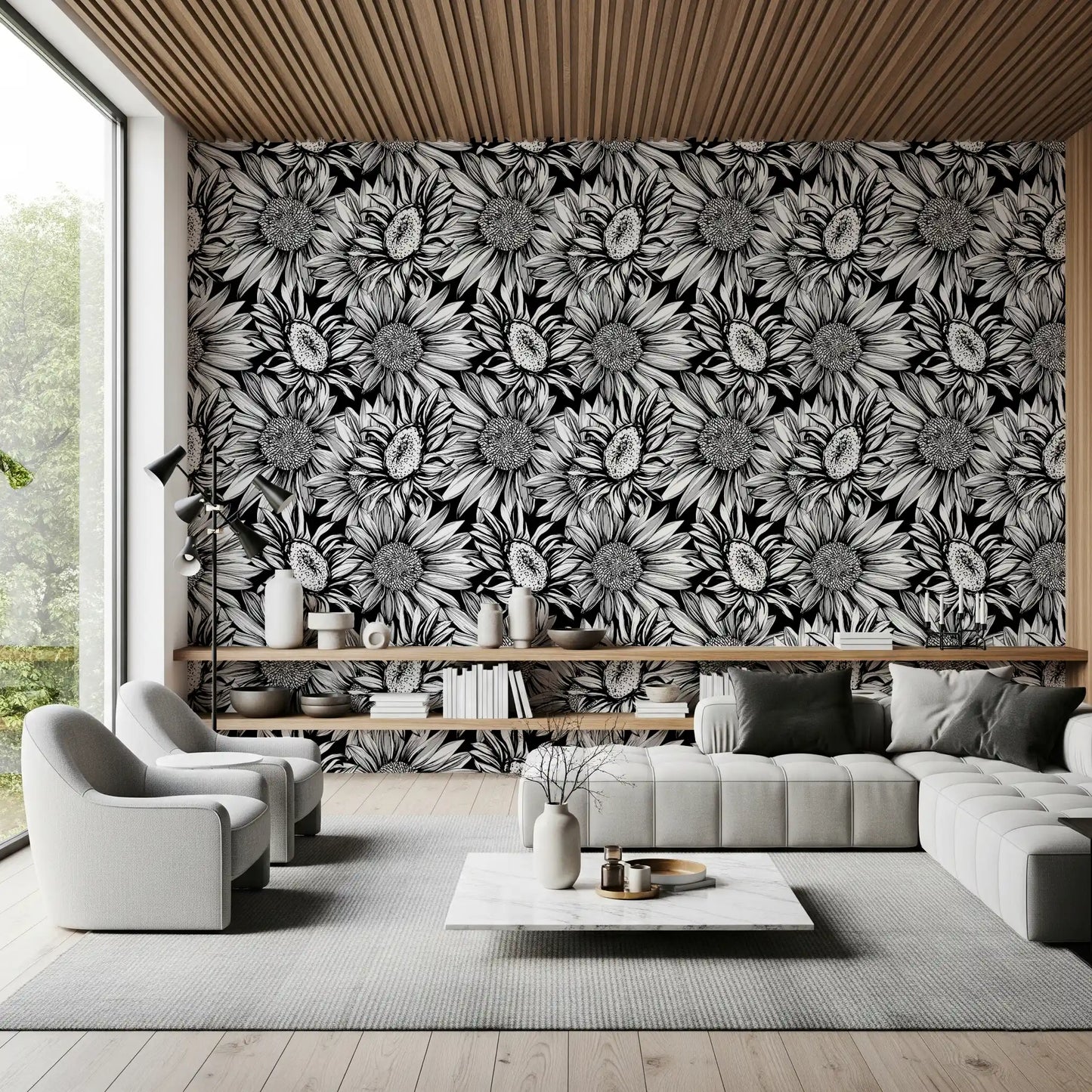 Monochrome Sunflower Sketch Bloom Wallpaper⁠