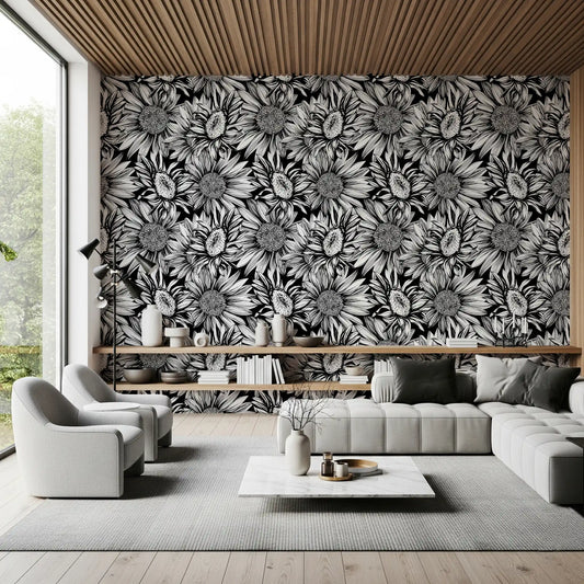 Monochrome sunflower wallpaper in a living room with grey sectional and white armchair GD12300