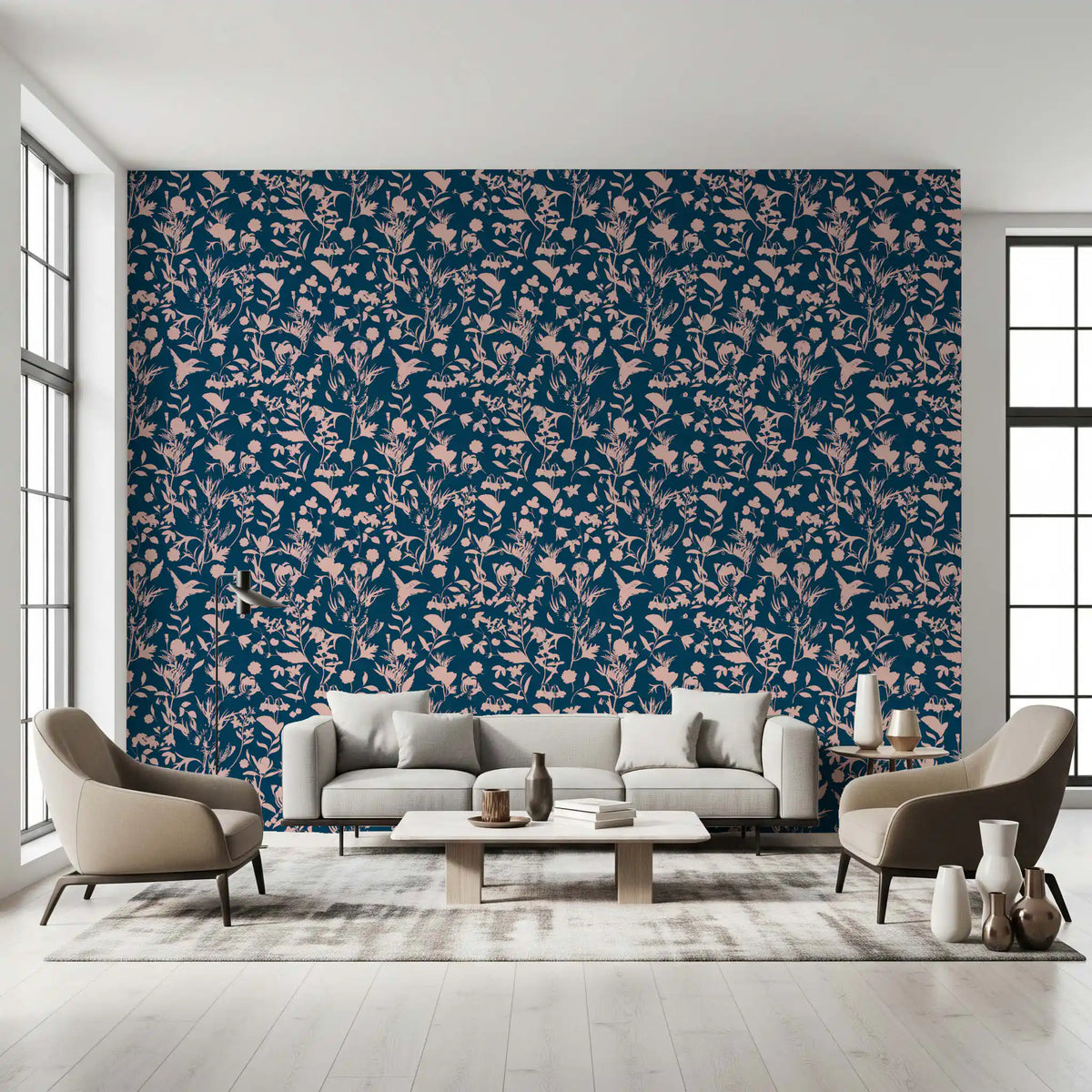 Midnight flora silhouette wallpaper in a bright living room with white sofa and grey armchair GD12305