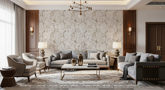 Bird and vine wallpaper in a living room with grey sofas and a patterned rug GD12311