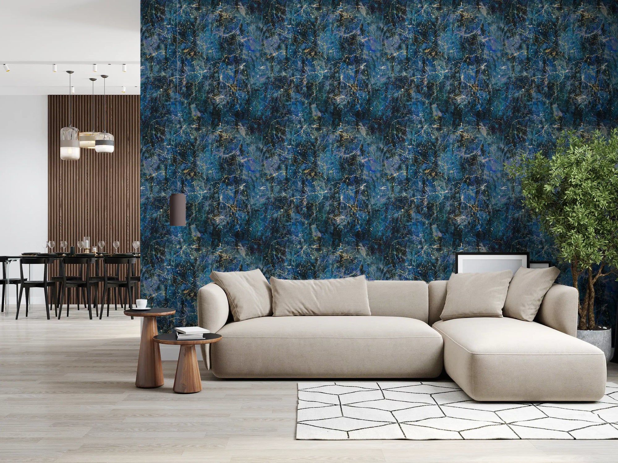 Midnight marble wallpaper in a living room with a beige sofa and a leafy tree GD12312