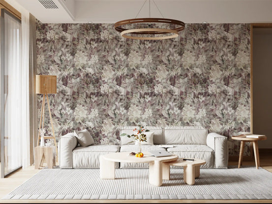 Distressed garden wallpaper in a living room with a cream sofa and rattan pendant GD12320