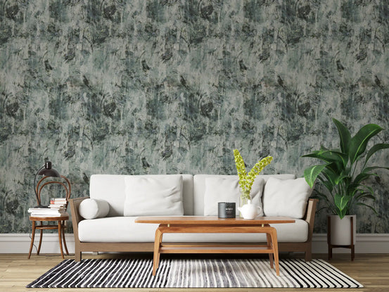 Living room white sofa wooden coffee table and striped rug against sage concrete texture wallpaper GD12323
