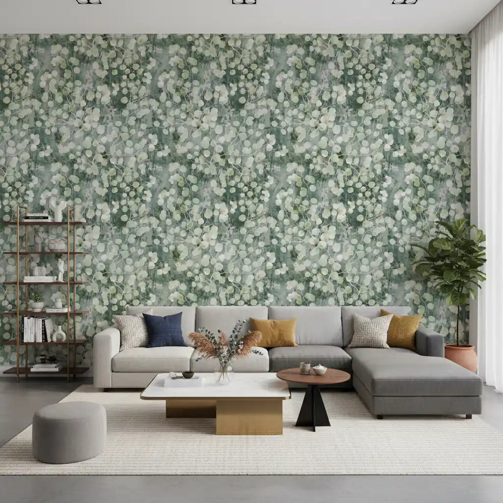 Grey sectional with ochre cushions against green eucalyptus brushstroke wallpaper GD12324