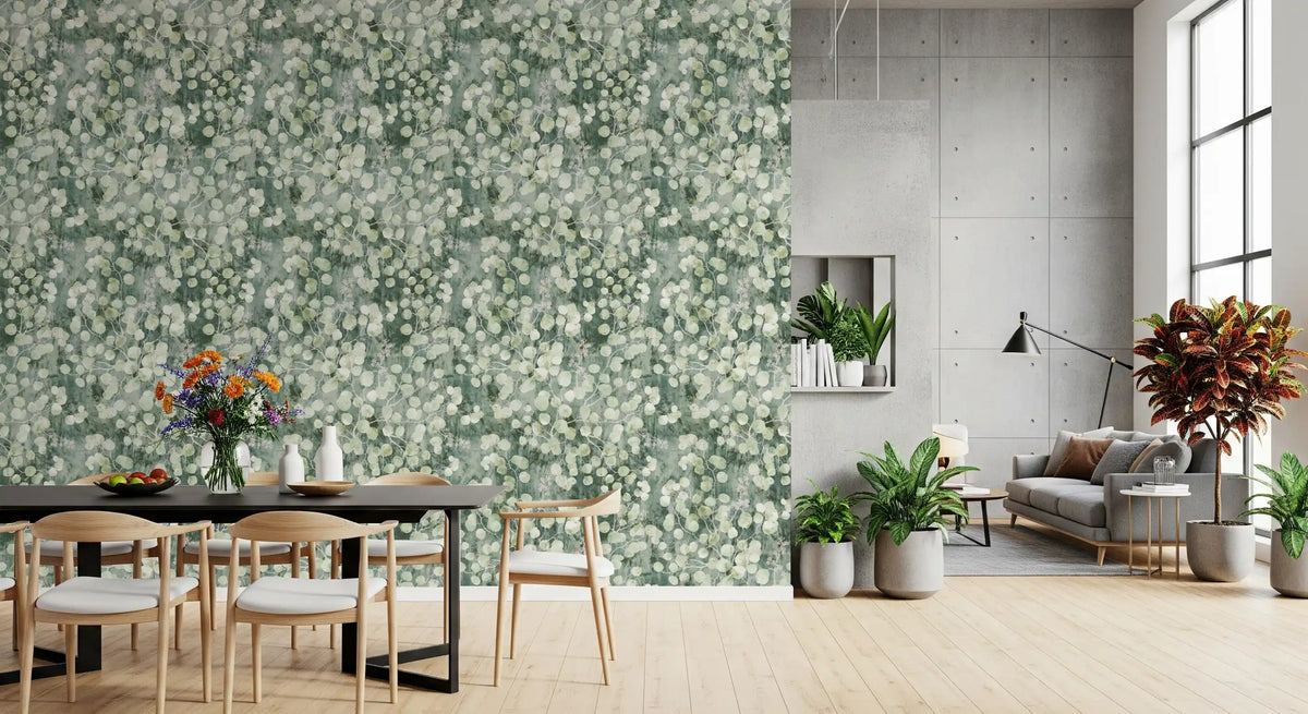 Open dining and living space with black table and concrete pillar on eucalyptus mist wallpaper GD12324