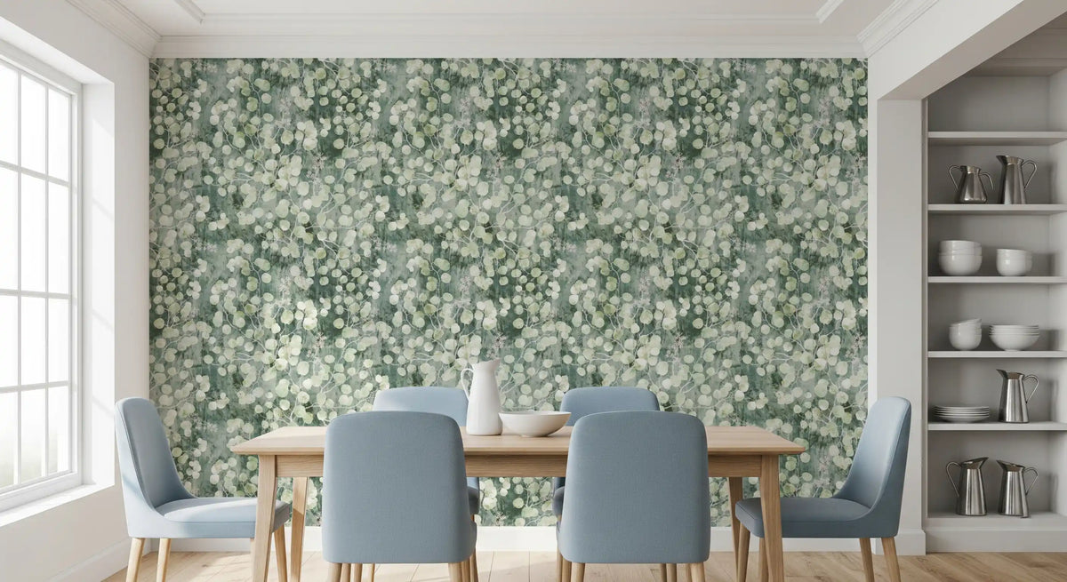 Dining room with light blue chairs and wood table on eucalyptus brushstroke wallpaper GD12324