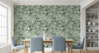 Dining room with light blue chairs and wood table on eucalyptus brushstroke wallpaper GD12324