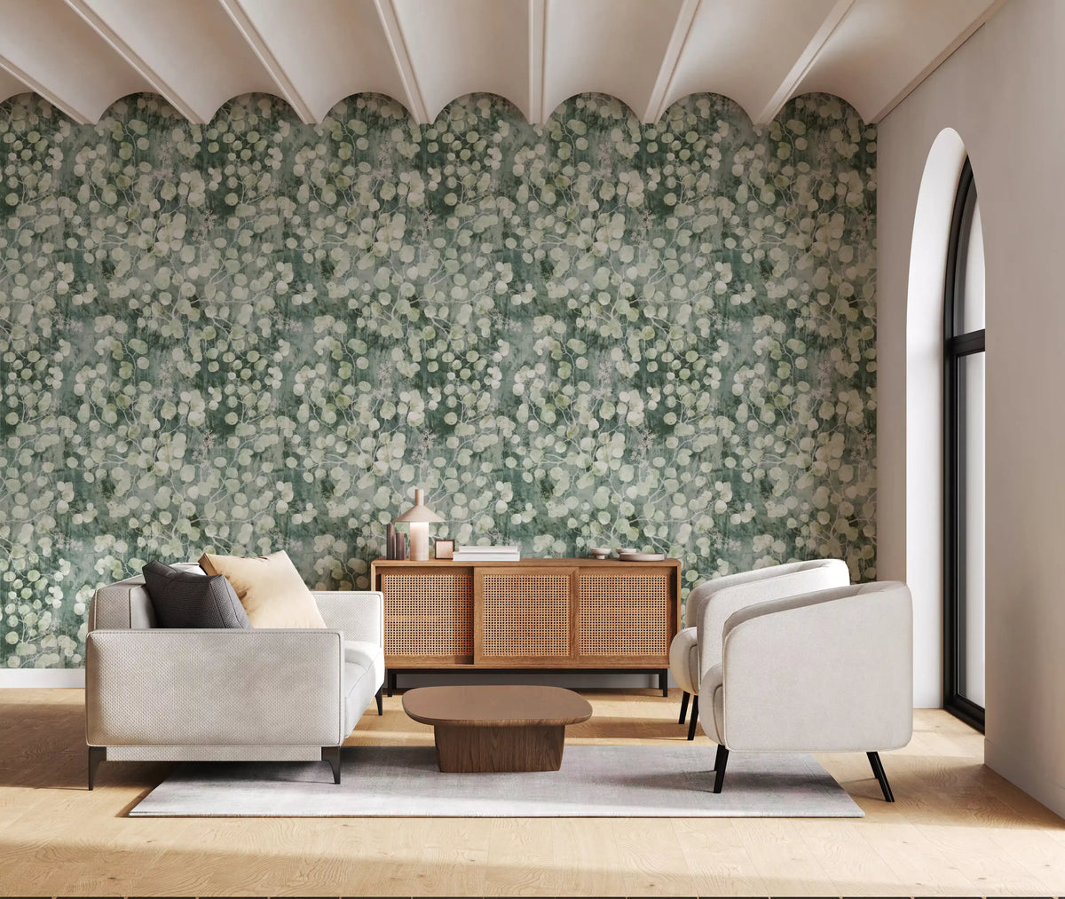 Cream armchairs and wooden sideboard by arched doorway on eucalyptus wallpaper GD12324