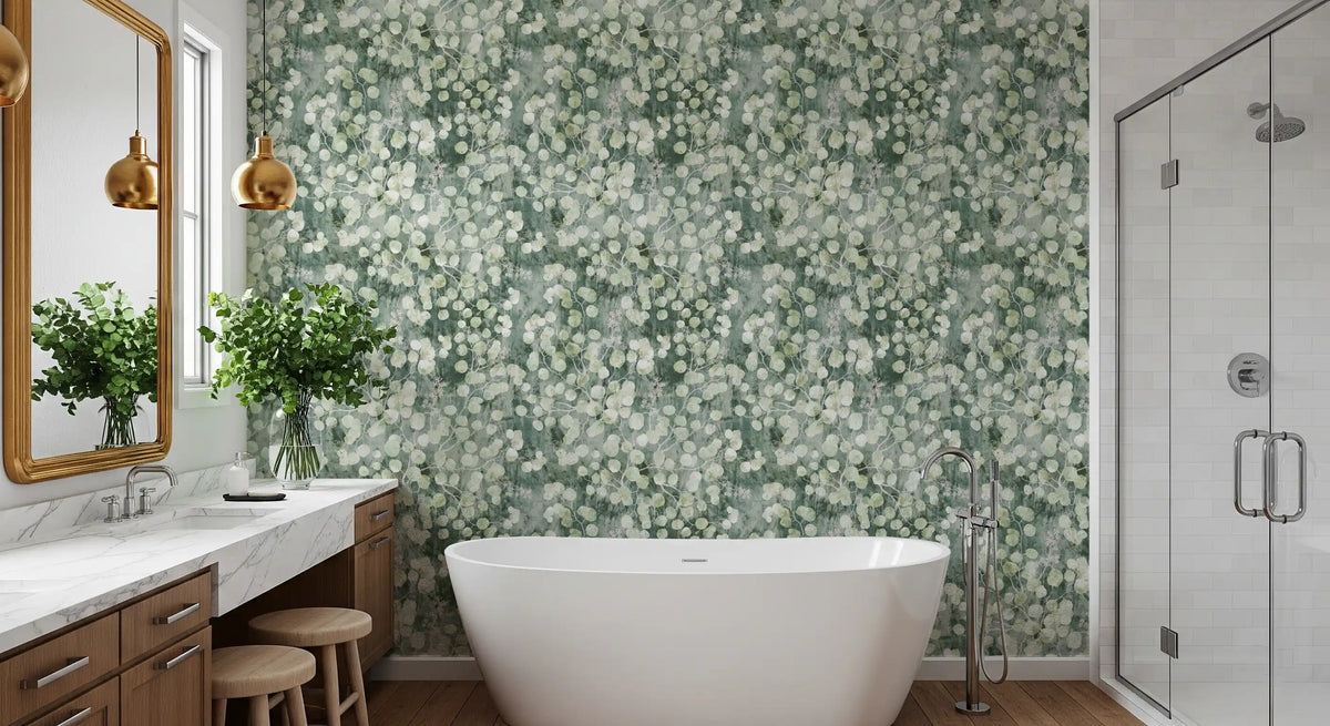 Freestanding white tub and wood vanity against green eucalyptus brushstroke wallpaper GD12324