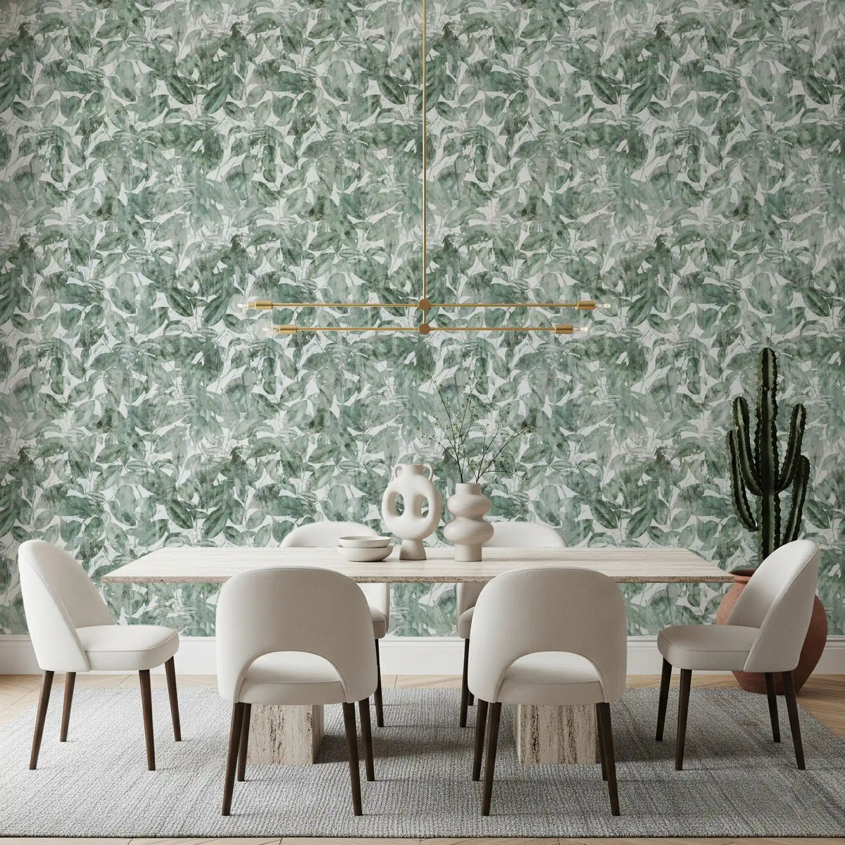 White dining set under brass linear chandelier with green leaf canopy wallpaper GD12325