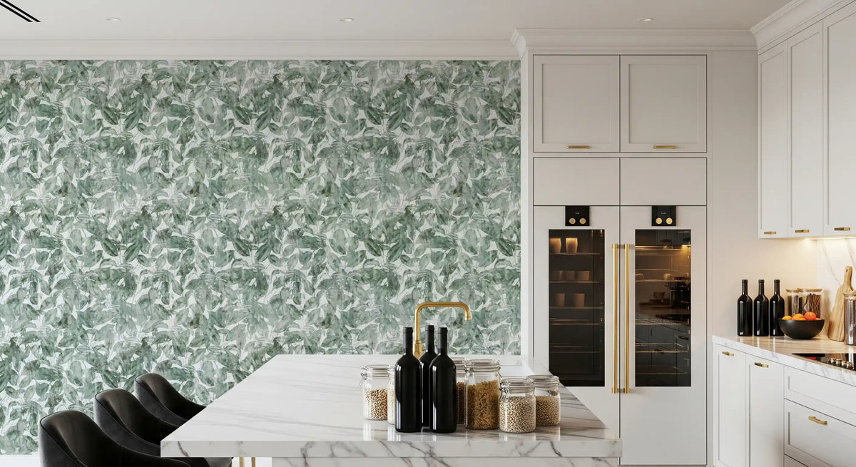 White marble kitchen island and wine fridge against green leaf canopy wallpaper GD12325
