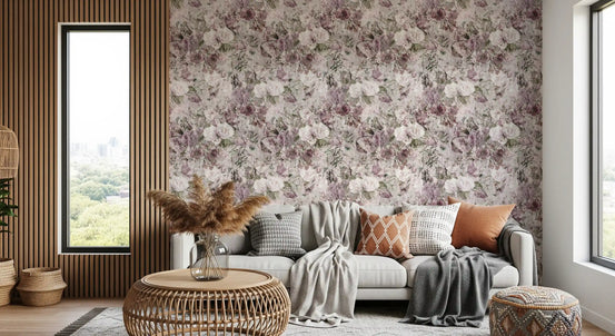 Vintage botanical floral wallpaper behind a grey sofa with rust cushions and pampas grass GD12328
