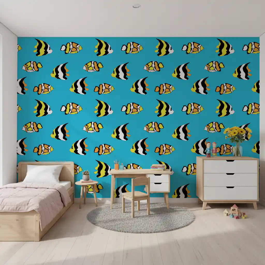 Tropical fish wallpaper in a kids bedroom with a wood bed and white study desk GD12332