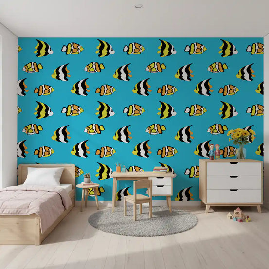 Tropical fish wallpaper in a kids bedroom with a wood bed and white study desk GD12332