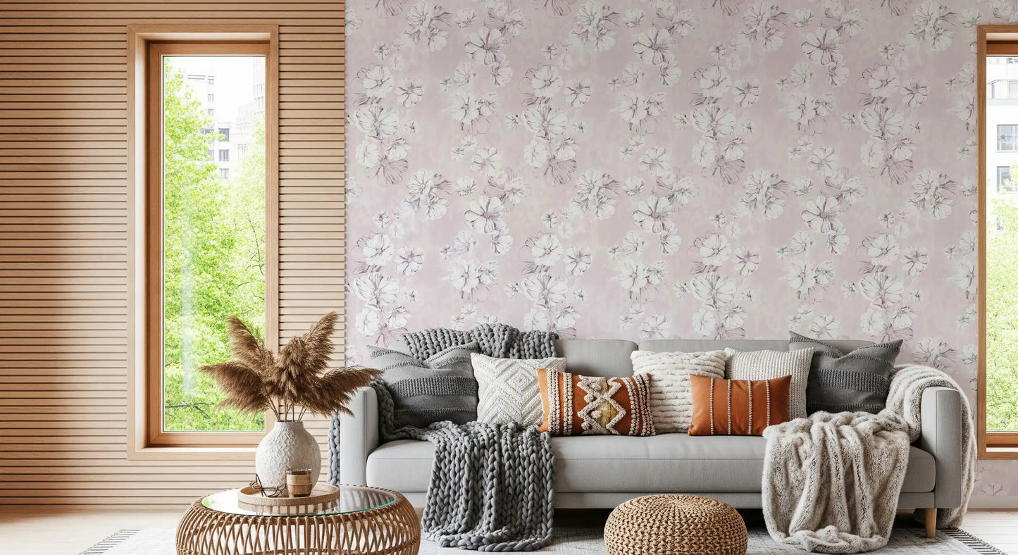 Soft Blush Botanical Illustration Wallpaper⁠