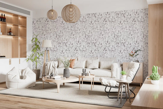 Muted grey botanical foliage wallpaper in a living room with a cream sofa and wood shelving GD12337