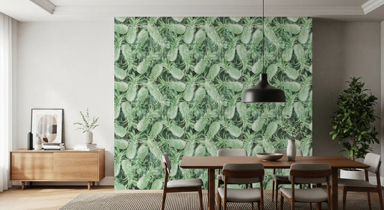 Tropical pineapple wallpaper in a dining room with a wood table and black pendant light GD12340