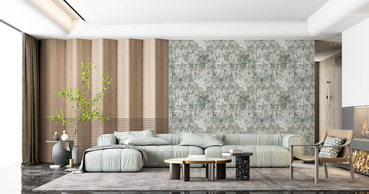 Misty fern wallpaper behind a mint modular sofa in a wood-panelled living room GD12341