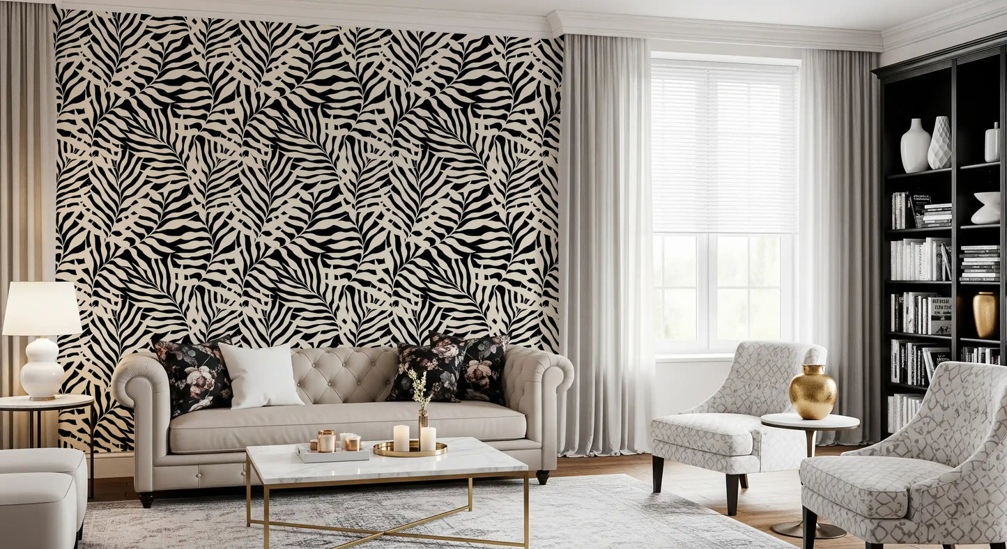 Cream and Black Palm Leaf Botanical Wallpaper⁠