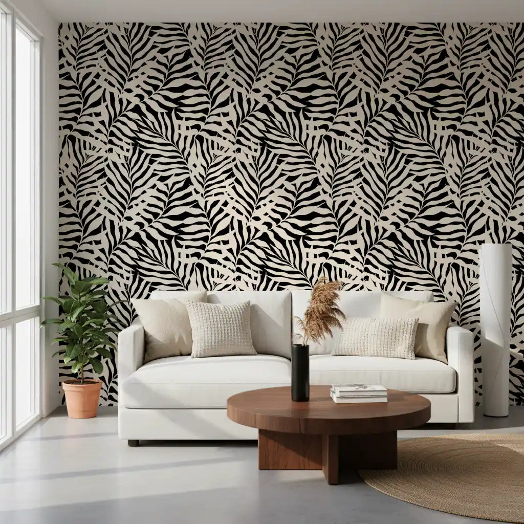 Cream and Black Palm Leaf Botanical Wallpaper⁠