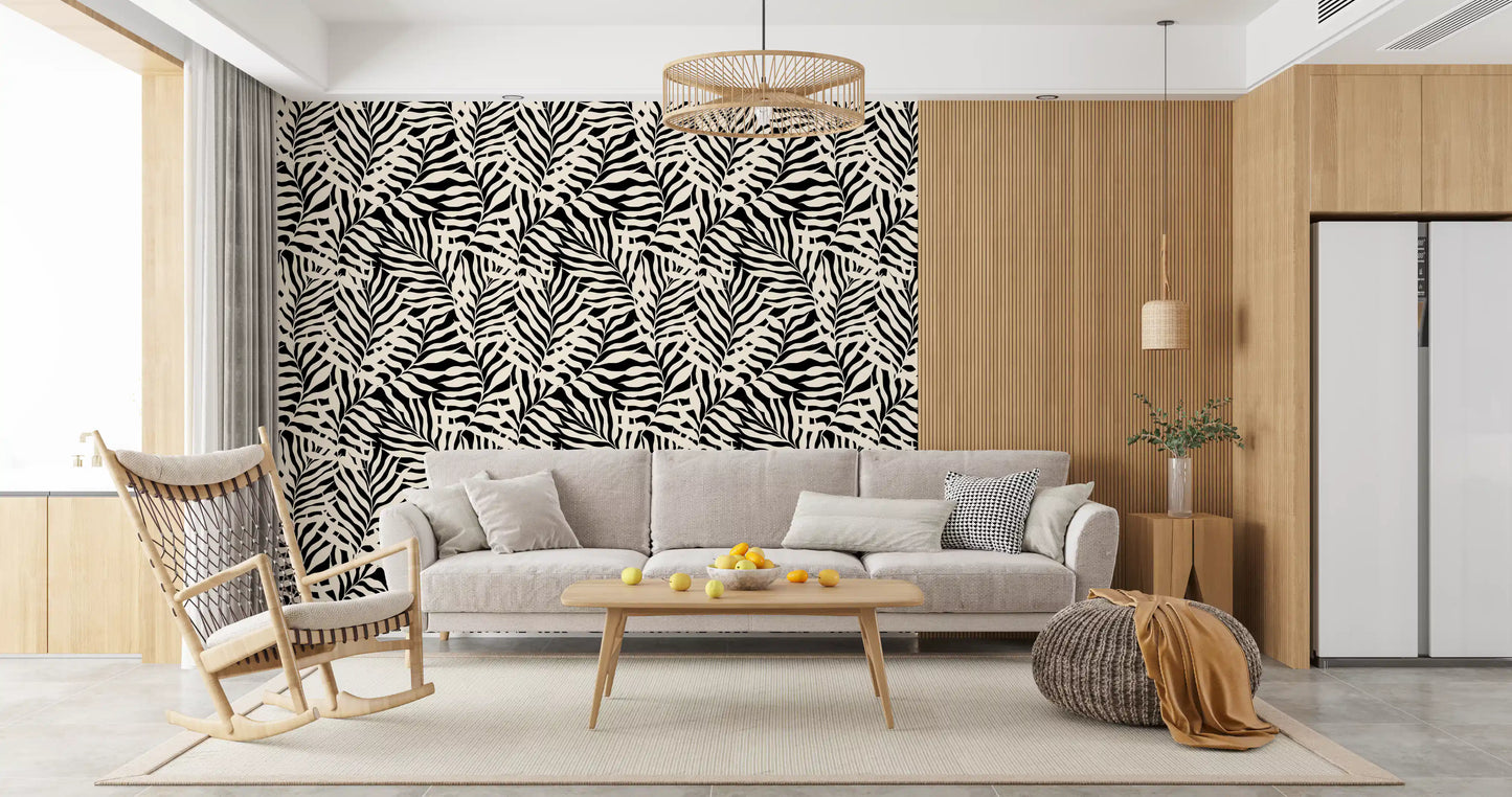 Cream and Black Palm Leaf Botanical Wallpaper⁠