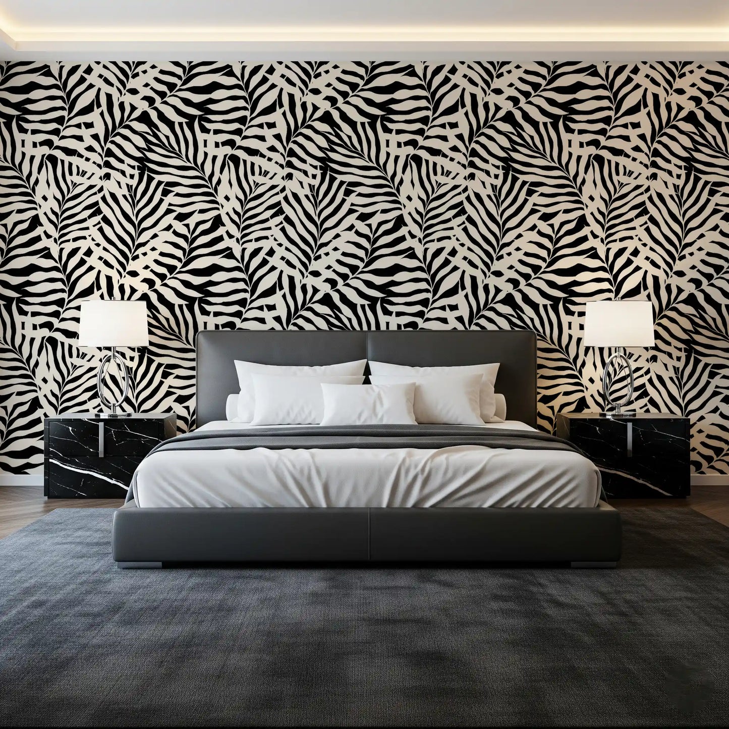 Cream and Black Palm Leaf Botanical Wallpaper⁠