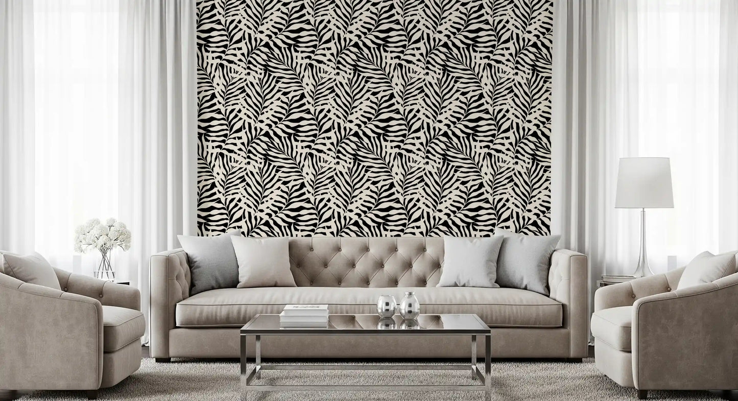 Cream and Black Palm Leaf Botanical Wallpaper⁠