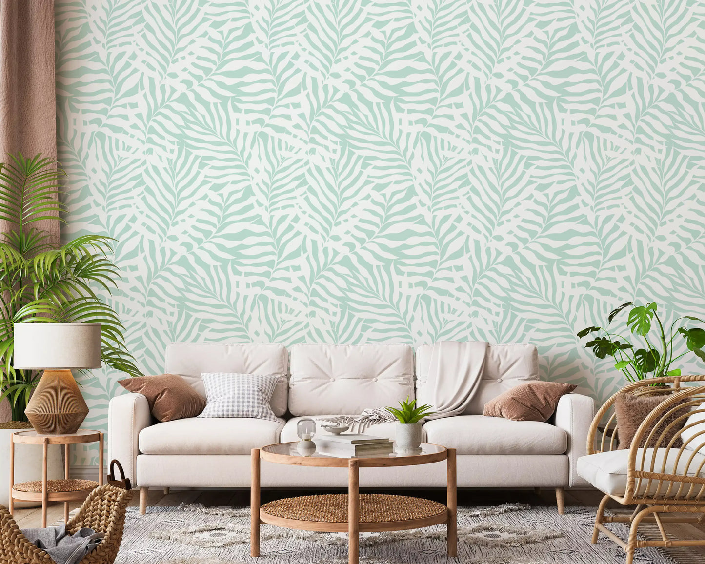 Soft Mint Tropical Fern Leaves Wallpaper⁠