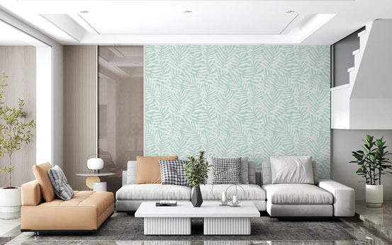 Soft mint fern wallpaper behind a tan and grey sectional sofa GD12343