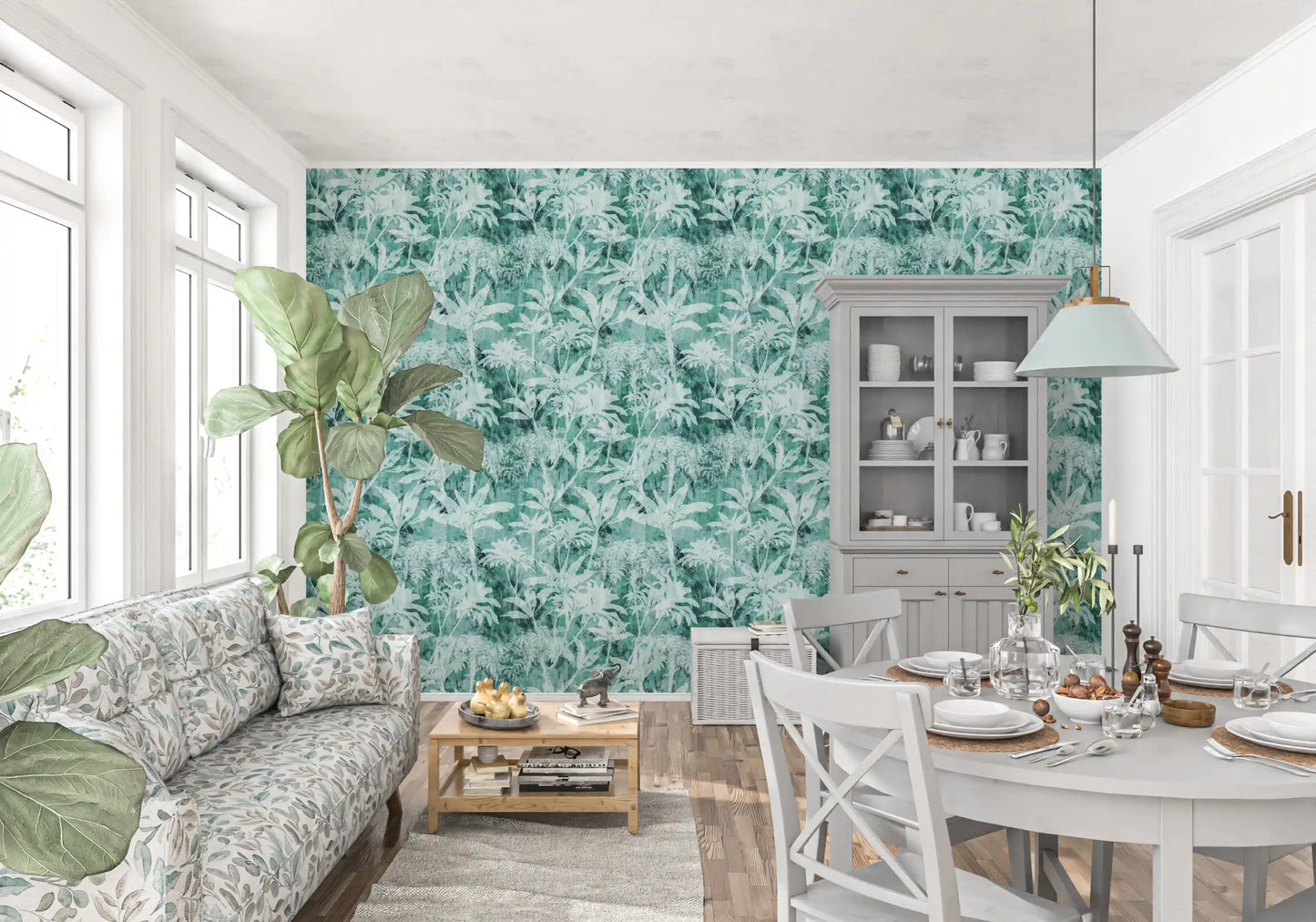 Teal Tropical Botanical Foliage Wallpaper⁠