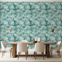 Teal Tropical Botanical Foliage Wallpaper⁠