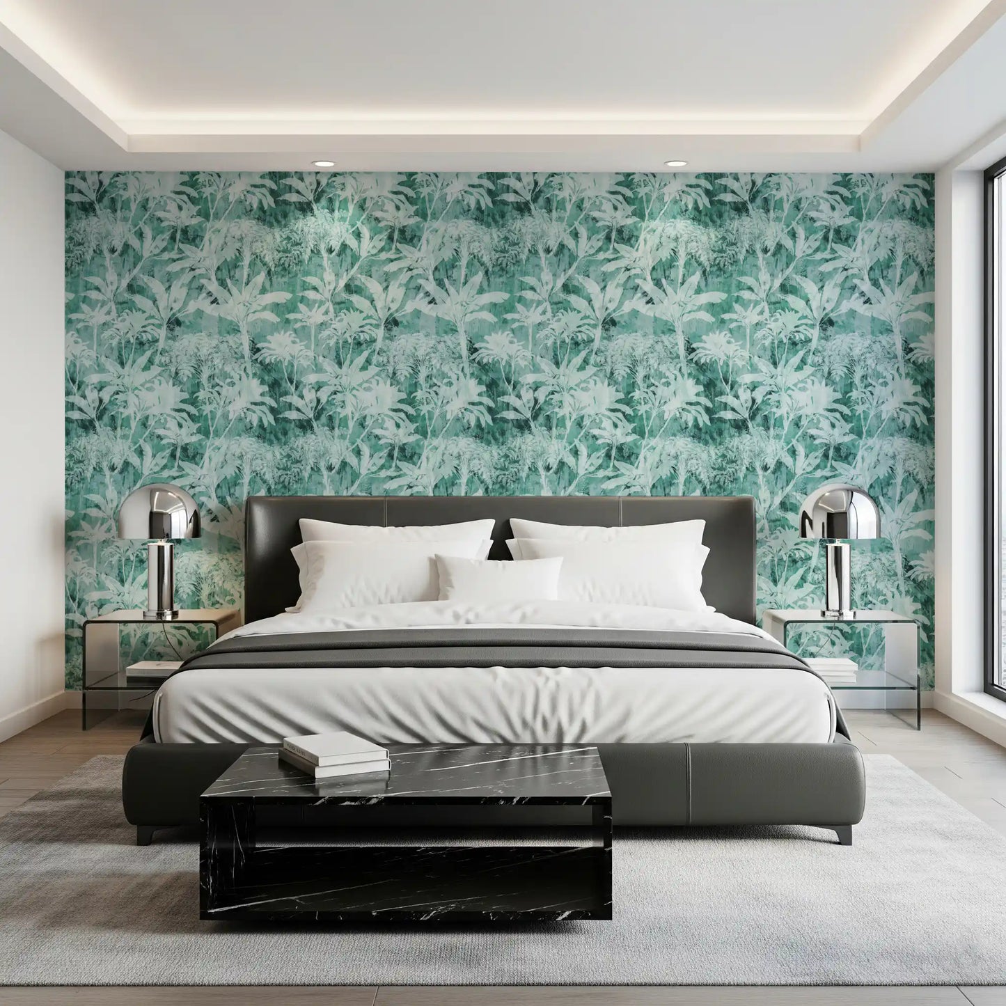 Teal Tropical Botanical Foliage Wallpaper⁠