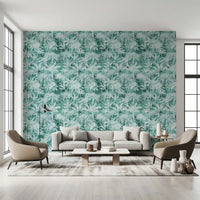 Teal Tropical Botanical Foliage Wallpaper⁠