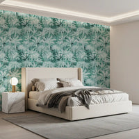 Teal Tropical Botanical Foliage Wallpaper⁠